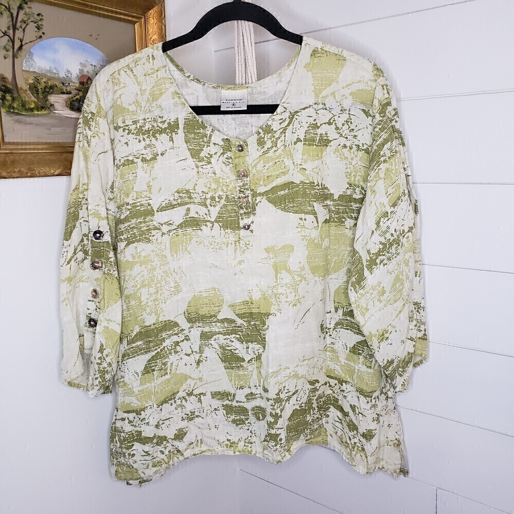 Click by Color Me Cotton Green Tan Linen Lagenlook 3/4 Sleeve Top S